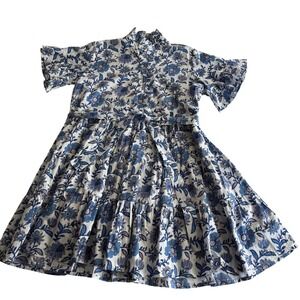 Mille Resort Violetta EUC 100% Cotton‎ Ruffle Tiered Button Up Blue Dress M